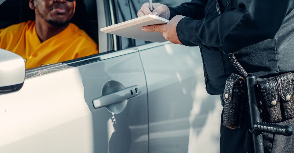 1. Un policier en uniforme est en train d'écrire une contravention sur un carnet, au niveau de la fenêtre d'une voiture, face à un conducteur.